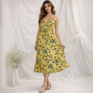 Oasis Cottagecore Floral Bird Wrap Midi Dress Yellow Ruffle Size XS NWT
